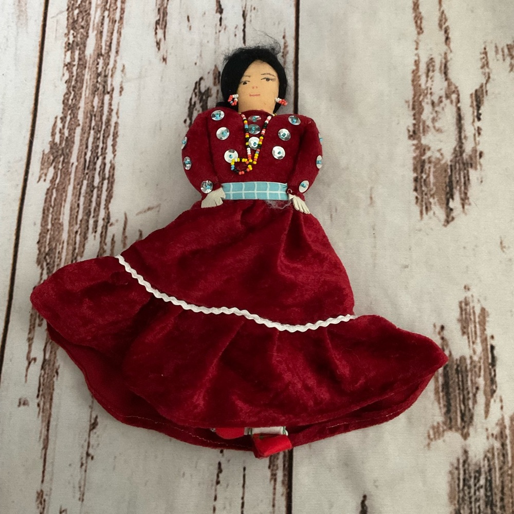 VINTAGE NAVAJO HANDMADE 10” DOLL IN RED VELVET DRESS